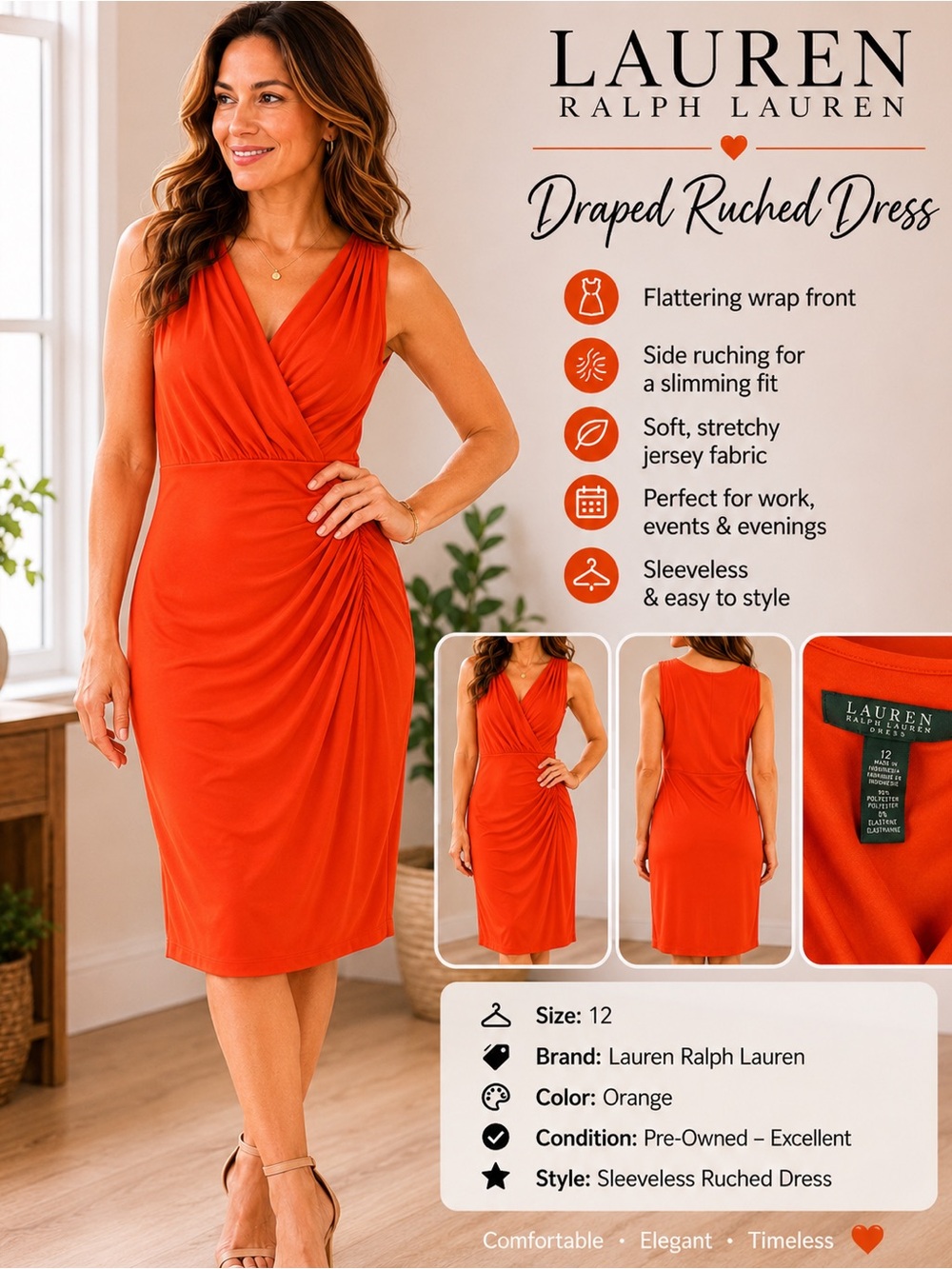 Lauren Ralph Lauren Vivid Orange Sleeveless Ruched Midi Dress